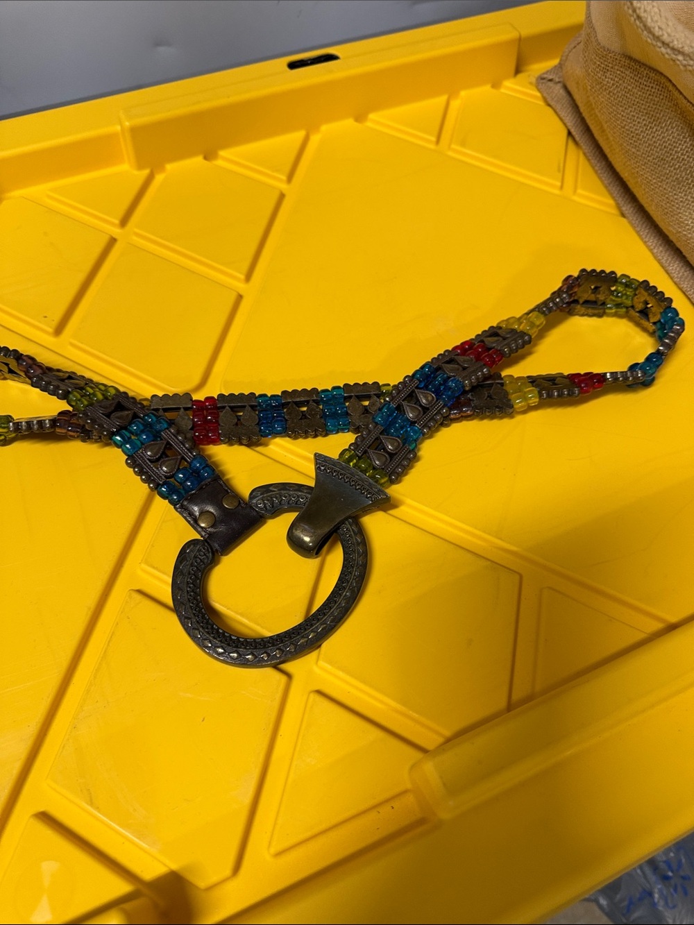 Vintage Beaded Bohemian Multicolor Stretch Belt with Antique Metal Ring